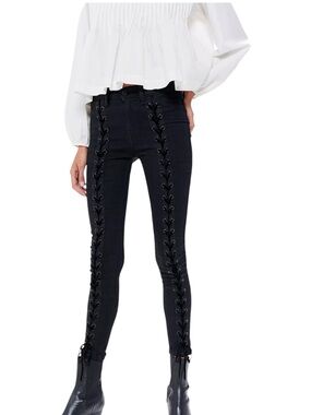 Neon Blonde Black Lace-Up Skinny Jeans - Women